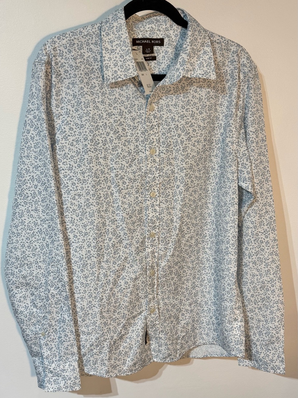Michael Kors Men's Light Blue Micro Floral Button-Up Shirt size large slim fit